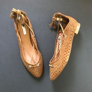 Perforated Lace Up Ballet Flats Brown Sandals Leather